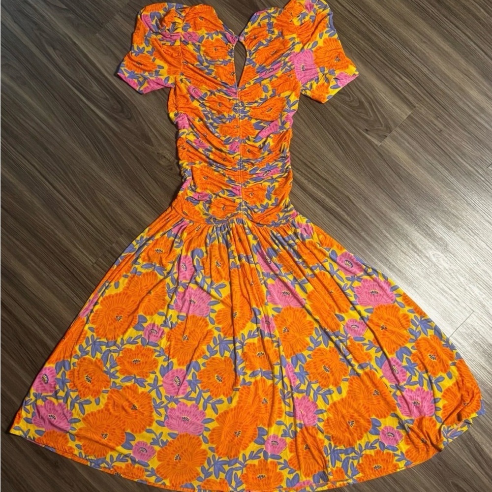 Farm Rio x Anthropologie Short-Sleeve V-Neck Ruched Midi Dress, Size XS